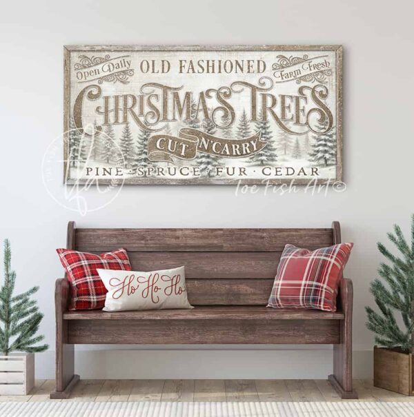 Toe Fish Art Old Fashioned Cut n' Carry Christmas Trees Personalized Family Name Framed Canvas or Outdoor Metal Vintage Cottage Decoration Sign, handmade Antique Gold Bronze Taupe Holiday Decor. Rustic Cottage Country Christmas Wall Decor, handmade in the USA from start to finish! Stylish, chic and trendy seasonal winter wall decoration in antique winter white and gold. Handmade in the USA by ToeFishArt, and built to last a lifetime by the Toe Fish Art family artisans. This beautiful vintage sign adds unique eye-catching decor indoors or outdoors. Great outdoor holiday curb appeal! Special decor for your outdoor fire pit during the holiday season. Christmas welcome entryway porch or living room fireplace mantel hearth wall hanging or shelf sitter. Original, custom, personalized wall decor signs. Canvas, Wood or Metal. Rustic modern farmhouse, cottagecore, vintage, retro, industrial, Americana, primitive, country, coastal, minimalist. Toe Fish Art and Toefishart.com is a USA small family woman owned business making beautiful decor since 1997.