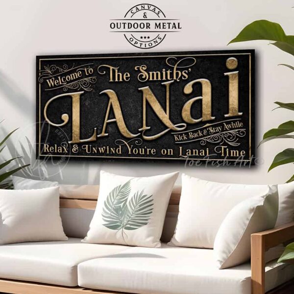 Toe Fish Art's Personalizable Welcome to the Lanai Sign handcrafted to-order in the USA and customized for you in Canvas or Outdoor Weatherproof Metal. Personalized gift decor with your family name, personal names, favorite saying or Welcome phrase. Swanky and stylish vibrant colors to enhance your outdoor bar & lounge decor - Vintage Slate Black with Rustic Gold Lettering. Custom options available upon request. Custom wording options like Sipping Grilling Chilling, Sit Long Talk Much Laugh Often, Proudly Serving Whatever You Brought. This is the perfect piece for your indoor-outdoor hangout space! This special sign is great for gifting to anyone who enjoys entertaining in a relaxed outdoor setting. This decor is perfect for your patio, deck, lanai, backyard bar & grill, pergola, pool & spa, outdoor kitchen & bar area, or favorite outdoor living space! Handmade to-order in the USA by American small family woman-owned company ToeFishArt, doing business since 1997. Personalized Canvas or Outdoor Exterior Commercial-Grade Metal Sign handmade in the USA and built to last a lifetime by Toe Fish Art. Add your personal name, established date, or catch phrase to this beautiful artwork for unique, eye-catching appeal indoors or for your outdoor party space. Color options available too! Thousands of five star reviews! Featured in Better Homes & Gardens, Cottages & Bungalows, and Farmhouse Style magazines. We make original, custom, personalized wall decor signs and wall art. Handcrafted in your choice of canvas, framed canvas, shiplap hardwood or outdoor metal. Choose from rustic, modern cottage farmhouse, cottagecore, vintage, retro, industrial, Americana, primitive, country, coastal and minimalist contemporary styles.