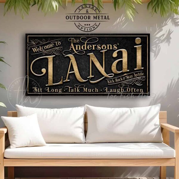 Toe Fish Art's Personalizable Welcome to the Lanai Sign handcrafted to-order in the USA and customized for you in Canvas or Outdoor Weatherproof Metal. Personalized gift decor with your family name, personal names, favorite saying or Welcome phrase. Swanky and stylish vibrant colors to enhance your outdoor bar & lounge decor - Vintage Slate Black with Rustic Gold Lettering. Custom options available upon request. Custom wording options like Sipping Grilling Chilling, Sit Long Talk Much Laugh Often, Proudly Serving Whatever You Brought. This is the perfect piece for your indoor-outdoor hangout space! This special sign is great for gifting to anyone who enjoys entertaining in a relaxed outdoor setting. This decor is perfect for your patio, deck, lanai, backyard bar & grill, pergola, pool & spa, outdoor kitchen & bar area, or favorite outdoor living space! Handmade to-order in the USA by American small family woman-owned company ToeFishArt, doing business since 1997. Personalized Canvas or Outdoor Exterior Commercial-Grade Metal Sign handmade in the USA and built to last a lifetime by Toe Fish Art. Add your personal name, established date, or catch phrase to this beautiful artwork for unique, eye-catching appeal indoors or for your outdoor party space. Color options available too! Thousands of five star reviews! Featured in Better Homes & Gardens, Cottages & Bungalows, and Farmhouse Style magazines. We make original, custom, personalized wall decor signs and wall art. Handcrafted in your choice of canvas, framed canvas, shiplap hardwood or outdoor metal. Choose from rustic, modern cottage farmhouse, cottagecore, vintage, retro, industrial, Americana, primitive, country, coastal and minimalist contemporary styles.