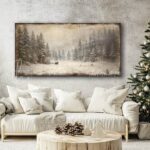 Toe Fish Art Rustic Snowy Winter Forest Sleigh Ride Landscape, Vintage Wall Art Painting, Christmas Holiday Seasonal Decor handmade in Canvas or Outdoor Metal. Rustic Primitive Country Cottage Christmas wall art handcrafted in durable high-quality canvas or outdoor weatherproof solid aluminum metal, handmade in the USA from start to finish! Beautiful, stylish and timeless seasonal winter wall decor. Handcrafted in the USA by ToeFishArt, and built to last a lifetime by the Toe Fish Art family artisans. This beautiful original painting of a nostalgic winter landscape sleigh ride scene adds unique eye-catching decor indoors or outdoors. Add instant outdoor seasonal curb appeal! Christmas welcome entryway porch or living room fireplace hearth or mantel wall hanging or shelf sitter. Original, custom, personalized wall decor signs. Canvas, Wood or Metal. Rustic modern farmhouse, cottagecore, vintage, retro, industrial, Americana, primitive, country, coastal, minimalist. Toe Fish Art is a USA small family woman owned business making beautiful decor since 1997.