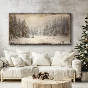 Toe Fish Art Rustic Snowy Winter Forest Sleigh Ride Landscape, Vintage Wall Art Painting, Christmas Holiday Seasonal Decor handmade in Canvas or Outdoor Metal. Rustic Primitive Country Cottage Christmas wall art handcrafted in durable high-quality canvas or outdoor weatherproof solid aluminum metal, handmade in the USA from start to finish! Beautiful, stylish and timeless seasonal winter wall decor. Handcrafted in the USA by ToeFishArt, and built to last a lifetime by the Toe Fish Art family artisans. This beautiful original painting of a nostalgic winter landscape sleigh ride scene adds unique eye-catching decor indoors or outdoors. Add instant outdoor seasonal curb appeal! Christmas welcome entryway porch or living room fireplace hearth or mantel wall hanging or shelf sitter. Original, custom, personalized wall decor signs. Canvas, Wood or Metal. Rustic modern farmhouse, cottagecore, vintage, retro, industrial, Americana, primitive, country, coastal, minimalist. Toe Fish Art is a USA small family woman owned business making beautiful decor since 1997.