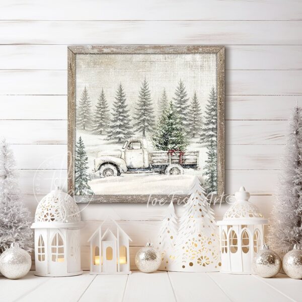 Toe Fish Art Rustic Truck with Christmas Tree Artwork Vintage Country Cottage Christmas Wall Decor. Winter Holiday Season painting. Primitive Country Christmas sign handcrafted in durable high-quality canvas or outdoor weatherproof solid aluminum metal, handmade in the USA from start to finish! Beautiful, nostalgic and timeless seasonal winter wall decor. Handcrafted in the USA by ToeFishArt, and built to last a lifetime by the Toe Fish Art family artisans. This beautiful original nostalgic painting of an antique truck carrying a fresh cut Christmas tree through a snowy forest adds unique eye-catching decor indoors or outdoors. Add instant outdoor holiday curb appeal! Christmas welcome entryway porch or living room fireplace hearth or fireplace mantel wall hanging or shelf sitter. Original, custom, personalized wall decor signs. Canvas, Wood or Metal. Rustic modern farmhouse, cottagecore, vintage, retro, industrial, Americana, primitive, country, coastal, minimalist. Toe Fish Art is a USA small family woman owned business making beautiful decor since 1997.