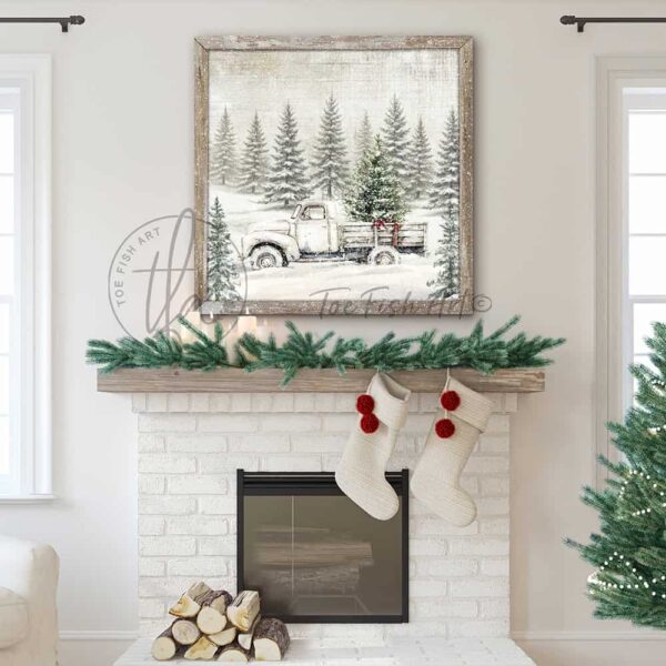 Toe Fish Art Rustic Truck with Christmas Tree Artwork Vintage Country Cottage Christmas Wall Decor. Winter Holiday Season painting. Primitive Country Christmas sign handcrafted in durable high-quality canvas or outdoor weatherproof solid aluminum metal, handmade in the USA from start to finish! Beautiful, nostalgic and timeless seasonal winter wall decor. Handcrafted in the USA by ToeFishArt, and built to last a lifetime by the Toe Fish Art family artisans. This beautiful original nostalgic painting of an antique truck carrying a fresh cut Christmas tree through a snowy forest adds unique eye-catching decor indoors or outdoors. Add instant outdoor holiday curb appeal! Christmas welcome entryway porch or living room fireplace hearth or fireplace mantel wall hanging or shelf sitter. Original, custom, personalized wall decor signs. Canvas, Wood or Metal. Rustic modern farmhouse, cottagecore, vintage, retro, industrial, Americana, primitive, country, coastal, minimalist. Toe Fish Art is a USA small family woman owned business making beautiful decor since 1997.