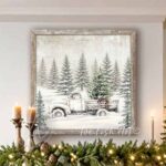 Toe Fish Art Rustic Truck with Christmas Tree Artwork Vintage Country Cottage Christmas Wall Decor. Winter Holiday Season painting. Primitive Country Christmas sign handcrafted in durable high-quality canvas or outdoor weatherproof solid aluminum metal, handmade in the USA from start to finish! Beautiful, nostalgic and timeless seasonal winter wall decor. Handcrafted in the USA by ToeFishArt, and built to last a lifetime by the Toe Fish Art family artisans. This beautiful original nostalgic painting of an antique truck carrying a fresh cut Christmas tree through a snowy forest adds unique eye-catching decor indoors or outdoors. Add instant outdoor holiday curb appeal! Christmas welcome entryway porch or living room fireplace hearth or fireplace mantel wall hanging or shelf sitter. Original, custom, personalized wall decor signs. Canvas, Wood or Metal. Rustic modern farmhouse, cottagecore, vintage, retro, industrial, Americana, primitive, country, coastal, minimalist. Toe Fish Art is a USA small family woman owned business making beautiful decor since 1997.