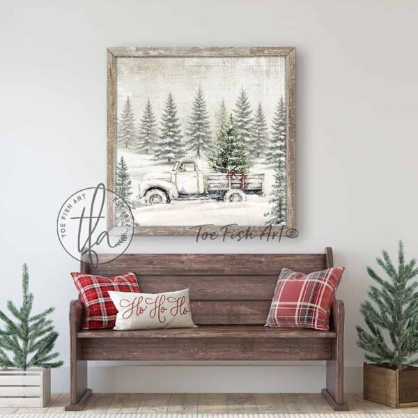 Toe Fish Art Rustic Truck with Christmas Tree Artwork Vintage Country Cottage Christmas Wall Decor. Winter Holiday Season painting. Primitive Country Christmas sign handcrafted in durable high-quality canvas or outdoor weatherproof solid aluminum metal, handmade in the USA from start to finish! Beautiful, nostalgic and timeless seasonal winter wall decor. Handcrafted in the USA by ToeFishArt, and built to last a lifetime by the Toe Fish Art family artisans. This beautiful original nostalgic painting of an antique truck carrying a fresh cut Christmas tree through a snowy forest adds unique eye-catching decor indoors or outdoors. Add instant outdoor holiday curb appeal! Christmas welcome entryway porch or living room fireplace hearth or fireplace mantel wall hanging or shelf sitter. Original, custom, personalized wall decor signs. Canvas, Wood or Metal. Rustic modern farmhouse, cottagecore, vintage, retro, industrial, Americana, primitive, country, coastal, minimalist. Toe Fish Art is a USA small family woman owned business making beautiful decor since 1997.
