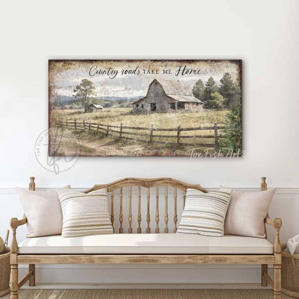 Toe Fish Art Vintage Barn Farmhouse Art Country Roads Take Me Home with rustic country barn farm landscape painting design. Rustic Primitive Country Cottage wall art handcrafted in durable high-quality canvas or outdoor weatherproof solid aluminum metal, handmade in the USA from start to finish! Beautiful, stylish and timeless seasonal wall decor. Handcrafted in the USA by ToeFishArt, and built to last a lifetime by the Toe Fish Art family artisans. This beautiful original peaceful farmhouse landscape scene adds unique eye-catching decor indoors or outdoors. Add instant outdoor curb appeal! Welcome entryway porch or living room fireplace hearth or mantel wall hanging or shelf sitter. Original, custom, personalized wall decor signs. Canvas, Wood or Metal. Rustic modern farmhouse, cottagecore, vintage, retro, industrial, Americana, primitive, country, coastal, minimalist. Toe Fish Art is a USA small family woman owned business making beautiful decor since 1997.