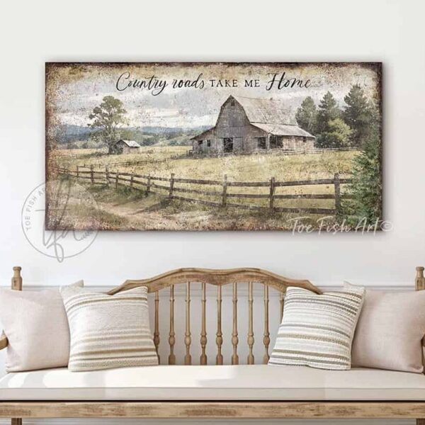 Toe Fish Art Vintage Barn Farmhouse Art Country Roads Take Me Home with rustic country barn farm landscape painting design. Rustic Primitive Country Cottage wall art handcrafted in durable high-quality canvas or outdoor weatherproof solid aluminum metal, handmade in the USA from start to finish! Beautiful, stylish and timeless seasonal wall decor. Handcrafted in the USA by ToeFishArt, and built to last a lifetime by the Toe Fish Art family artisans. This beautiful original peaceful farmhouse landscape scene adds unique eye-catching decor indoors or outdoors. Add instant outdoor curb appeal! Welcome entryway porch or living room fireplace hearth or mantel wall hanging or shelf sitter. Original, custom, personalized wall decor signs. Canvas, Wood or Metal. Rustic modern farmhouse, cottagecore, vintage, retro, industrial, Americana, primitive, country, coastal, minimalist. Toe Fish Art is a USA small family woman owned business making beautiful decor since 1997.