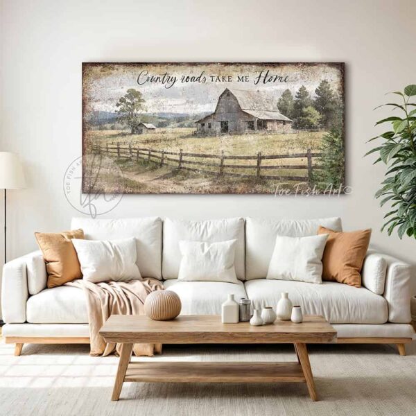 Toe Fish Art Vintage Barn Farmhouse Art Country Roads Take Me Home with rustic country barn farm landscape painting design. Rustic Primitive Country Cottage wall art handcrafted in durable high-quality canvas or outdoor weatherproof solid aluminum metal, handmade in the USA from start to finish! Beautiful, stylish and timeless seasonal wall decor. Handcrafted in the USA by ToeFishArt, and built to last a lifetime by the Toe Fish Art family artisans. This beautiful original peaceful farmhouse landscape scene adds unique eye-catching decor indoors or outdoors. Add instant outdoor curb appeal! Welcome entryway porch or living room fireplace hearth or mantel wall hanging or shelf sitter. Original, custom, personalized wall decor signs. Canvas, Wood or Metal. Rustic modern farmhouse, cottagecore, vintage, retro, industrial, Americana, primitive, country, coastal, minimalist. Toe Fish Art is a USA small family woman owned business making beautiful decor since 1997.
