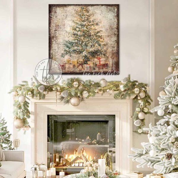 Toe Fish Art Vintage Christmas Tree with Teddy Bear and Presents under the tree Artwork. Rustic Winter Holiday Season Wall Decor painting. Primitive Country Cottage Christmas sign handcrafted in durable high-quality canvas or outdoor weatherproof solid aluminum metal, handmade in the USA from start to finish! Beautiful, nostalgic and timeless seasonal winter wall decor. Handcrafted in the USA by ToeFishArt, and built to last a lifetime by the Toe Fish Art family artisans. This beautiful original nostalgic decorated Christmas tree surrounded by presents and a cute cuddly teddy bear adds unique eye-catching decor indoors or outdoors. Add instant outdoor holiday curb appeal! Christmas welcome entryway porch or living room fireplace hearth or fireplace mantel wall hanging or shelf sitter. Original, custom, personalized wall decor signs. Canvas, Wood or Metal. Rustic modern farmhouse, cottagecore, vintage, retro, industrial, Americana, primitive, country, coastal, minimalist. Toe Fish Art is a USA small family woman owned business making beautiful decor since 1997.
