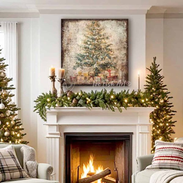 Toe Fish Art Vintage Christmas Tree with Teddy Bear and Presents under the tree Artwork. Rustic Winter Holiday Season Wall Decor painting. Primitive Country Cottage Christmas sign handcrafted in durable high-quality canvas or outdoor weatherproof solid aluminum metal, handmade in the USA from start to finish! Beautiful, nostalgic and timeless seasonal winter wall decor. Handcrafted in the USA by ToeFishArt, and built to last a lifetime by the Toe Fish Art family artisans. This beautiful original nostalgic decorated Christmas tree surrounded by presents and a cute cuddly teddy bear adds unique eye-catching decor indoors or outdoors. Add instant outdoor holiday curb appeal! Christmas welcome entryway porch or living room fireplace hearth or fireplace mantel wall hanging or shelf sitter. Original, custom, personalized wall decor signs. Canvas, Wood or Metal. Rustic modern farmhouse, cottagecore, vintage, retro, industrial, Americana, primitive, country, coastal, minimalist. Toe Fish Art is a USA small family woman owned business making beautiful decor since 1997.