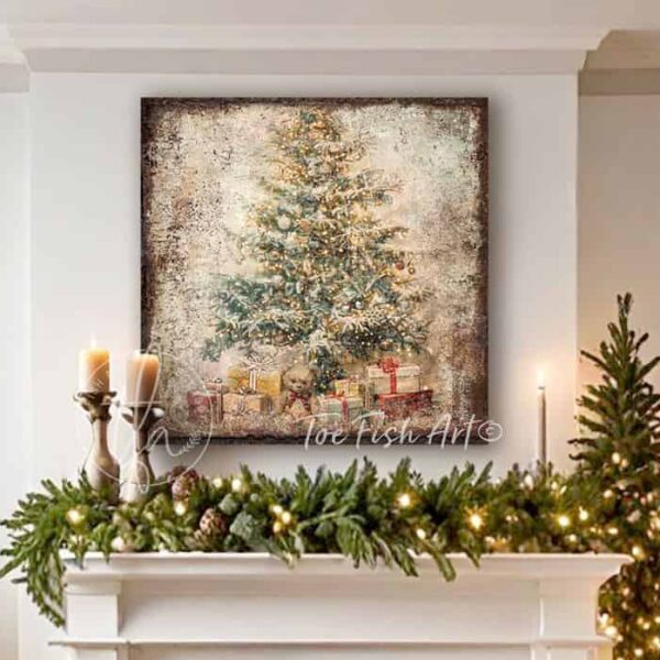 Toe Fish Art Vintage Christmas Tree with Teddy Bear and Presents under the tree Artwork. Rustic Winter Holiday Season Wall Decor painting. Primitive Country Cottage Christmas sign handcrafted in durable high-quality canvas or outdoor weatherproof solid aluminum metal, handmade in the USA from start to finish! Beautiful, nostalgic and timeless seasonal winter wall decor. Handcrafted in the USA by ToeFishArt, and built to last a lifetime by the Toe Fish Art family artisans. This beautiful original nostalgic decorated Christmas tree surrounded by presents and a cute cuddly teddy bear adds unique eye-catching decor indoors or outdoors. Add instant outdoor holiday curb appeal! Christmas welcome entryway porch or living room fireplace hearth or fireplace mantel wall hanging or shelf sitter. Original, custom, personalized wall decor signs. Canvas, Wood or Metal. Rustic modern farmhouse, cottagecore, vintage, retro, industrial, Americana, primitive, country, coastal, minimalist. Toe Fish Art is a USA small family woman owned business making beautiful decor since 1997.