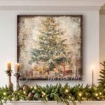 Toe Fish Art Vintage Christmas Tree with Teddy Bear and Presents under the tree Artwork. Rustic Winter Holiday Season Wall Decor painting. Primitive Country Cottage Christmas sign handcrafted in durable high-quality canvas or outdoor weatherproof solid aluminum metal, handmade in the USA from start to finish! Beautiful, nostalgic and timeless seasonal winter wall decor. Handcrafted in the USA by ToeFishArt, and built to last a lifetime by the Toe Fish Art family artisans. This beautiful original nostalgic decorated Christmas tree surrounded by presents and a cute cuddly teddy bear adds unique eye-catching decor indoors or outdoors. Add instant outdoor holiday curb appeal! Christmas welcome entryway porch or living room fireplace hearth or fireplace mantel wall hanging or shelf sitter. Original, custom, personalized wall decor signs. Canvas, Wood or Metal. Rustic modern farmhouse, cottagecore, vintage, retro, industrial, Americana, primitive, country, coastal, minimalist. Toe Fish Art is a USA small family woman owned business making beautiful decor since 1997.