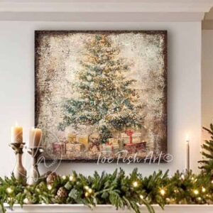 Toe Fish Art Vintage Christmas Tree with Teddy Bear and Presents under the tree Artwork. Rustic Winter Holiday Season Wall Decor painting. Primitive Country Cottage Christmas sign handcrafted in durable high-quality canvas or outdoor weatherproof solid aluminum metal, handmade in the USA from start to finish! Beautiful, nostalgic and timeless seasonal winter wall decor. Handcrafted in the USA by ToeFishArt, and built to last a lifetime by the Toe Fish Art family artisans. This beautiful original nostalgic decorated Christmas tree surrounded by presents and a cute cuddly teddy bear adds unique eye-catching decor indoors or outdoors. Add instant outdoor holiday curb appeal! Christmas welcome entryway porch or living room fireplace hearth or fireplace mantel wall hanging or shelf sitter. Original, custom, personalized wall decor signs. Canvas, Wood or Metal. Rustic modern farmhouse, cottagecore, vintage, retro, industrial, Americana, primitive, country, coastal, minimalist. Toe Fish Art is a USA small family woman owned business making beautiful decor since 1997.