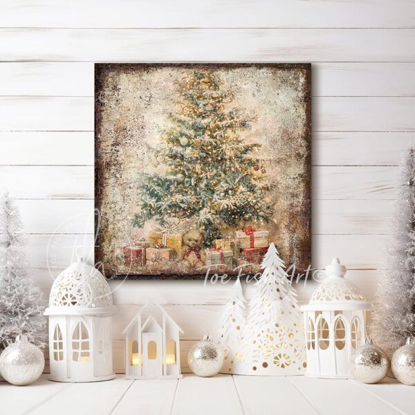 Toe Fish Art Vintage Christmas Tree with Teddy Bear and Presents under the tree Artwork. Rustic Winter Holiday Season Wall Decor painting. Primitive Country Cottage Christmas sign handcrafted in durable high-quality canvas or outdoor weatherproof solid aluminum metal, handmade in the USA from start to finish! Beautiful, nostalgic and timeless seasonal winter wall decor. Handcrafted in the USA by ToeFishArt, and built to last a lifetime by the Toe Fish Art family artisans. This beautiful original nostalgic decorated Christmas tree surrounded by presents and a cute cuddly teddy bear adds unique eye-catching decor indoors or outdoors. Add instant outdoor holiday curb appeal! Christmas welcome entryway porch or living room fireplace hearth or fireplace mantel wall hanging or shelf sitter. Original, custom, personalized wall decor signs. Canvas, Wood or Metal. Rustic modern farmhouse, cottagecore, vintage, retro, industrial, Americana, primitive, country, coastal, minimalist. Toe Fish Art is a USA small family woman owned business making beautiful decor since 1997.