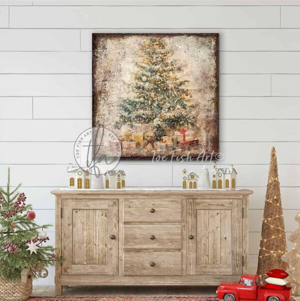 Toe Fish Art Vintage Christmas Tree with Teddy Bear and Presents under the tree Artwork. Rustic Winter Holiday Season Wall Decor painting. Primitive Country Cottage Christmas sign handcrafted in durable high-quality canvas or outdoor weatherproof solid aluminum metal, handmade in the USA from start to finish! Beautiful, nostalgic and timeless seasonal winter wall decor. Handcrafted in the USA by ToeFishArt, and built to last a lifetime by the Toe Fish Art family artisans. This beautiful original nostalgic decorated Christmas tree surrounded by presents and a cute cuddly teddy bear adds unique eye-catching decor indoors or outdoors. Add instant outdoor holiday curb appeal! Christmas welcome entryway porch or living room fireplace hearth or fireplace mantel wall hanging or shelf sitter. Original, custom, personalized wall decor signs. Canvas, Wood or Metal. Rustic modern farmhouse, cottagecore, vintage, retro, industrial, Americana, primitive, country, coastal, minimalist. Toe Fish Art is a USA small family woman owned business making beautiful decor since 1997.