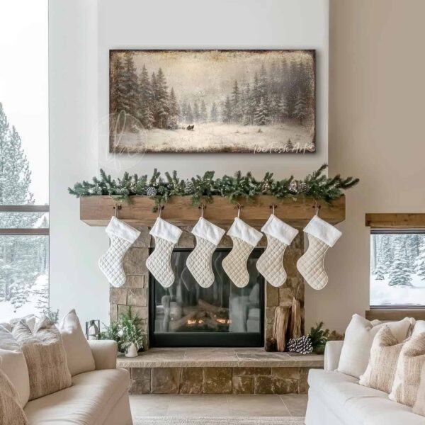 Toe Fish Art Rustic Snowy Winter Forest Sleigh Ride Landscape, Vintage Wall Art Painting, Christmas Holiday Seasonal Decor handmade in Canvas or Outdoor Metal. Rustic Primitive Country Cottage Christmas wall art handcrafted in durable high-quality canvas or outdoor weatherproof solid aluminum metal, handmade in the USA from start to finish! Beautiful, stylish and timeless seasonal winter wall decor. Handcrafted in the USA by ToeFishArt, and built to last a lifetime by the Toe Fish Art family artisans. This beautiful original painting of a nostalgic winter landscape sleigh ride scene adds unique eye-catching decor indoors or outdoors. Add instant outdoor seasonal curb appeal! Christmas welcome entryway porch or living room fireplace hearth or mantel wall hanging or shelf sitter. Original, custom, personalized wall decor signs. Canvas, Wood or Metal. Rustic modern farmhouse, cottagecore, vintage, retro, industrial, Americana, primitive, country, coastal, minimalist. Toe Fish Art is a USA small family woman owned business making beautiful decor since 1997.