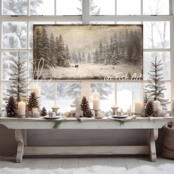 Toe Fish Art Rustic Snowy Winter Forest Sleigh Ride Landscape, Vintage Wall Art Painting, Christmas Holiday Seasonal Decor handmade in Canvas or Outdoor Metal. Rustic Primitive Country Cottage Christmas wall art handcrafted in durable high-quality canvas or outdoor weatherproof solid aluminum metal, handmade in the USA from start to finish! Beautiful, stylish and timeless seasonal winter wall decor. Handcrafted in the USA by ToeFishArt, and built to last a lifetime by the Toe Fish Art family artisans. This beautiful original painting of a nostalgic winter landscape sleigh ride scene adds unique eye-catching decor indoors or outdoors. Add instant outdoor seasonal curb appeal! Christmas welcome entryway porch or living room fireplace hearth or mantel wall hanging or shelf sitter. Original, custom, personalized wall decor signs. Canvas, Wood or Metal. Rustic modern farmhouse, cottagecore, vintage, retro, industrial, Americana, primitive, country, coastal, minimalist. Toe Fish Art is a USA small family woman owned business making beautiful decor since 1997.