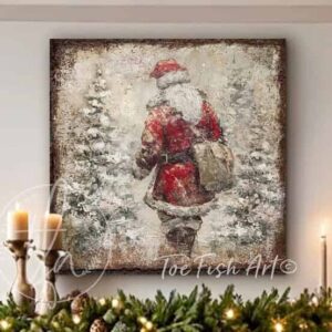 Toe Fish Art Vintage St Nick Artwork Rustic Cottage Christmas Winter Holiday Season Wall Decoration. Winter Holiday Season Wall Decor painting. Primitive Country Christmas sign handcrafted in durable high-quality canvas or outdoor weatherproof solid aluminum metal, handmade in the USA from start to finish! Beautiful, nostalgic and timeless seasonal winter wall decor. Handcrafted in the USA by ToeFishArt, and built to last a lifetime by the Toe Fish Art family artisans. This beautiful original nostalgic painting of the first St. Nick delivering presents through a snowy forest adds unique eye-catching decor indoors or outdoors. Add instant outdoor holiday curb appeal! Christmas welcome entryway porch or living room fireplace hearth or fireplace mantel wall hanging or shelf sitter. Original, custom, personalized wall decor signs. Canvas, Wood or Metal. Rustic modern farmhouse, cottagecore, vintage, retro, industrial, Americana, primitive, country, coastal, minimalist. Toe Fish Art is a USA small family woman owned business making beautiful decor since 1997.