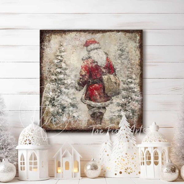 Toe Fish Art Vintage St Nick Artwork Rustic Cottage Christmas Winter Holiday Season Wall Decoration. Winter Holiday Season Wall Decor painting. Primitive Country Christmas sign handcrafted in durable high-quality canvas or outdoor weatherproof solid aluminum metal, handmade in the USA from start to finish! Beautiful, nostalgic and timeless seasonal winter wall decor. Handcrafted in the USA by ToeFishArt, and built to last a lifetime by the Toe Fish Art family artisans. This beautiful original nostalgic painting of the first St. Nick delivering presents through a snowy forest adds unique eye-catching decor indoors or outdoors. Add instant outdoor holiday curb appeal! Christmas welcome entryway porch or living room fireplace hearth or fireplace mantel wall hanging or shelf sitter. Original, custom, personalized wall decor signs. Canvas, Wood or Metal. Rustic modern farmhouse, cottagecore, vintage, retro, industrial, Americana, primitive, country, coastal, minimalist. Toe Fish Art is a USA small family woman owned business making beautiful decor since 1997.