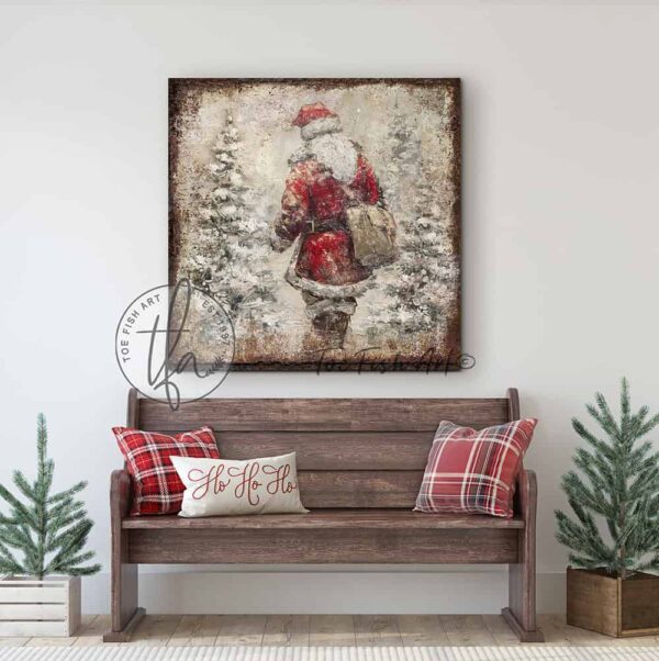 Toe Fish Art Vintage St Nick Artwork Rustic Cottage Christmas Winter Holiday Season Wall Decoration. Winter Holiday Season Wall Decor painting. Primitive Country Christmas sign handcrafted in durable high-quality canvas or outdoor weatherproof solid aluminum metal, handmade in the USA from start to finish! Beautiful, nostalgic and timeless seasonal winter wall decor. Handcrafted in the USA by ToeFishArt, and built to last a lifetime by the Toe Fish Art family artisans. This beautiful original nostalgic painting of the first St. Nick delivering presents through a snowy forest adds unique eye-catching decor indoors or outdoors. Add instant outdoor holiday curb appeal! Christmas welcome entryway porch or living room fireplace hearth or fireplace mantel wall hanging or shelf sitter. Original, custom, personalized wall decor signs. Canvas, Wood or Metal. Rustic modern farmhouse, cottagecore, vintage, retro, industrial, Americana, primitive, country, coastal, minimalist. Toe Fish Art is a USA small family woman owned business making beautiful decor since 1997.