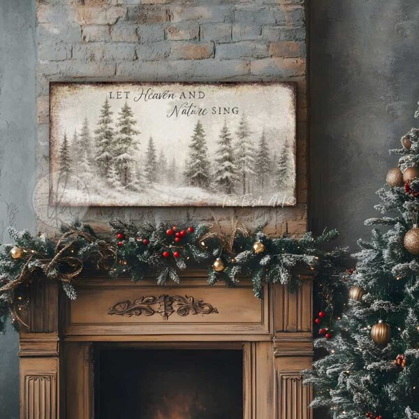Toe Fish Art Vintage Christmas Religious Christian Scripture Hymn Let Heaven and Nature Sign sign with snowy country forest painting design. Rustic Primitive Country Cottage Christmas wall art handcrafted in durable high-quality canvas or outdoor weatherproof solid aluminum metal, handmade in the USA from start to finish! Beautiful, stylish and timeless seasonal winter wall decor. Handcrafted in the USA by ToeFishArt, and built to last a lifetime by the Toe Fish Art family artisans. This beautiful original serene winter landscape scene adds unique eye-catching decor indoors or outdoors. Add instant outdoor holiday curb appeal! Christmas welcome entryway porch or living room fireplace hearth or mantel wall hanging or shelf sitter. Original, custom, personalized wall decor signs. Canvas, Wood or Metal. Rustic modern farmhouse, cottagecore, vintage, retro, industrial, Americana, primitive, country, coastal, minimalist. Toe Fish Art is a USA small family woman owned business making beautiful decor since 1997.