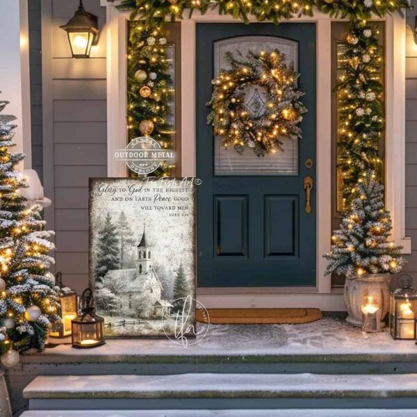 Toe Fish Art Vintage Christmas Religious Christian Scripture Bible Verse Luke 2:14 Glory to God in the Highest Peace on Earth Goodwill Toward Men sign with snowy country forest church painting vertical design. Rustic Primitive Country Cottage Christmas vertical wall art handcrafted in durable high-quality canvas or outdoor weatherproof solid aluminum metal, handmade in the USA from start to finish! Beautiful, stylish and timeless seasonal winter wall decor. Handcrafted in the USA by ToeFishArt, and built to last a lifetime by the Toe Fish Art family artisans. This beautiful original nostalgic winter landscape church scene adds unique eye-catching decor indoors or outdoors. Add instant outdoor holiday curb appeal! Christmas welcome entryway porch or living room fireplace hearth or mantel wall hanging or shelf sitter. Original, custom, personalized wall decor signs. Canvas, Wood or Metal. Rustic modern farmhouse, cottagecore, vintage, retro, industrial, Americana, primitive, country, coastal, minimalist. Toe Fish Art is a USA small family woman owned business making beautiful decor since 1997.