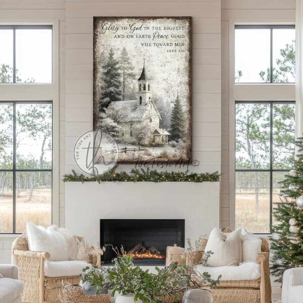 Toe Fish Art Vintage Christmas Religious Christian Scripture Bible Verse Luke 2:14 Glory to God in the Highest Peace on Earth Goodwill Toward Men sign with snowy country forest church painting vertical design. Rustic Primitive Country Cottage Christmas vertical wall art handcrafted in durable high-quality canvas or outdoor weatherproof solid aluminum metal, handmade in the USA from start to finish! Beautiful, stylish and timeless seasonal winter wall decor. Handcrafted in the USA by ToeFishArt, and built to last a lifetime by the Toe Fish Art family artisans. This beautiful original nostalgic winter landscape church scene adds unique eye-catching decor indoors or outdoors. Add instant outdoor holiday curb appeal! Christmas welcome entryway porch or living room fireplace hearth or mantel wall hanging or shelf sitter. Original, custom, personalized wall decor signs. Canvas, Wood or Metal. Rustic modern farmhouse, cottagecore, vintage, retro, industrial, Americana, primitive, country, coastal, minimalist. Toe Fish Art is a USA small family woman owned business making beautiful decor since 1997.
