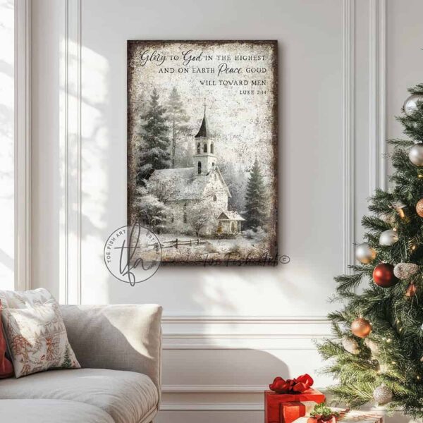 Toe Fish Art Vintage Christmas Religious Christian Scripture Bible Verse Luke 2:14 Glory to God in the Highest Peace on Earth Goodwill Toward Men sign with snowy country forest church painting vertical design. Rustic Primitive Country Cottage Christmas vertical wall art handcrafted in durable high-quality canvas or outdoor weatherproof solid aluminum metal, handmade in the USA from start to finish! Beautiful, stylish and timeless seasonal winter wall decor. Handcrafted in the USA by ToeFishArt, and built to last a lifetime by the Toe Fish Art family artisans. This beautiful original nostalgic winter landscape church scene adds unique eye-catching decor indoors or outdoors. Add instant outdoor holiday curb appeal! Christmas welcome entryway porch or living room fireplace hearth or mantel wall hanging or shelf sitter. Original, custom, personalized wall decor signs. Canvas, Wood or Metal. Rustic modern farmhouse, cottagecore, vintage, retro, industrial, Americana, primitive, country, coastal, minimalist. Toe Fish Art is a USA small family woman owned business making beautiful decor since 1997.