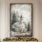 Toe Fish Art Vintage Christmas Religious Christian Scripture Bible Verse Luke 2:14 Glory to God in the Highest Peace on Earth Goodwill Toward Men sign with snowy country forest church painting vertical design. Rustic Primitive Country Cottage Christmas vertical wall art handcrafted in durable high-quality canvas or outdoor weatherproof solid aluminum metal, handmade in the USA from start to finish! Beautiful, stylish and timeless seasonal winter wall decor. Handcrafted in the USA by ToeFishArt, and built to last a lifetime by the Toe Fish Art family artisans. This beautiful original nostalgic winter landscape church scene adds unique eye-catching decor indoors or outdoors. Add instant outdoor holiday curb appeal! Christmas welcome entryway porch or living room fireplace hearth or mantel wall hanging or shelf sitter. Original, custom, personalized wall decor signs. Canvas, Wood or Metal. Rustic modern farmhouse, cottagecore, vintage, retro, industrial, Americana, primitive, country, coastal, minimalist. Toe Fish Art is a USA small family woman owned business making beautiful decor since 1997.