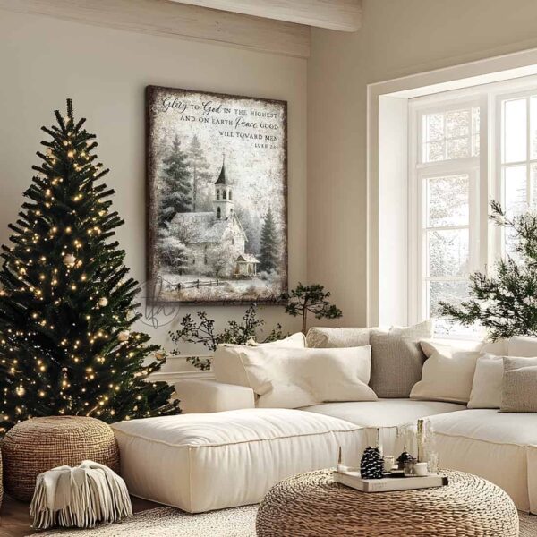 Toe Fish Art Vintage Christmas Religious Christian Scripture Bible Verse Luke 2:14 Glory to God in the Highest Peace on Earth Goodwill Toward Men sign with snowy country forest church painting vertical design. Rustic Primitive Country Cottage Christmas vertical wall art handcrafted in durable high-quality canvas or outdoor weatherproof solid aluminum metal, handmade in the USA from start to finish! Beautiful, stylish and timeless seasonal winter wall decor. Handcrafted in the USA by ToeFishArt, and built to last a lifetime by the Toe Fish Art family artisans. This beautiful original nostalgic winter landscape church scene adds unique eye-catching decor indoors or outdoors. Add instant outdoor holiday curb appeal! Christmas welcome entryway porch or living room fireplace hearth or mantel wall hanging or shelf sitter. Original, custom, personalized wall decor signs. Canvas, Wood or Metal. Rustic modern farmhouse, cottagecore, vintage, retro, industrial, Americana, primitive, country, coastal, minimalist. Toe Fish Art is a USA small family woman owned business making beautiful decor since 1997.
