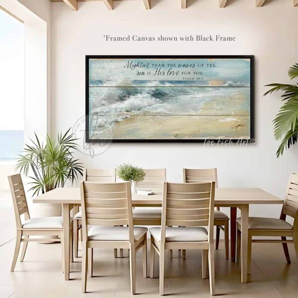 Toe Fish Art "Mightier than the waves of the sea is His love for you" Christian Faith vintage wall art painting designed in worn reclaimed beachy coastal style, depicting bible verse Psalm 93-4. Rustic Country meets Coastal Beach Cottage Farmhouse wall decor handcrafted in durable high-quality canvas or outdoor weatherproof solid aluminum metal, handmade in the USA from start to finish! Beautiful, stylish and timeless coastal wall decor painting. Handcrafted in the USA by ToeFishArt, and built to last a lifetime by the Toe Fish Art family artisans. This beautiful original landscape painting of deep blue-green crashing waves on a deserted beach with rays of sun shining through golden rimmed clouds adds unique eye-catching decor indoors or outdoors. Add instant outdoor curb appeal to your beach themed home or vacation house! Perfect for your porch, entryway, patio, lanai, deck, veranda, living room, fireplace hearth or mantel, wall hanging or shelf sitter, dining room or bedroom. This painting is a beautiful reminder of Christian faith and God's love. Original, custom, personalized wall decor signs. Canvas, Wood or Metal. Rustic modern farmhouse, cottagecore, vintage, retro, industrial, Americana, primitive, country, coastal, minimalist. Toe Fish Art is a USA small family woman owned business making beautiful decor since 1997.