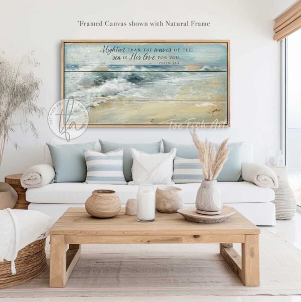 Toe Fish Art "Mightier than the waves of the sea is His love for you" Christian Faith vintage wall art painting designed in worn reclaimed beachy coastal style, depicting bible verse Psalm 93-4. Rustic Country meets Coastal Beach Cottage Farmhouse wall decor handcrafted in durable high-quality canvas or outdoor weatherproof solid aluminum metal, handmade in the USA from start to finish! Beautiful, stylish and timeless coastal wall decor painting. Handcrafted in the USA by ToeFishArt, and built to last a lifetime by the Toe Fish Art family artisans. This beautiful original landscape painting of deep blue-green crashing waves on a deserted beach with rays of sun shining through golden rimmed clouds adds unique eye-catching decor indoors or outdoors. Add instant outdoor curb appeal to your beach themed home or vacation house! Perfect for your porch, entryway, patio, lanai, deck, veranda, living room, fireplace hearth or mantel, wall hanging or shelf sitter, dining room or bedroom. This painting is a beautiful reminder of Christian faith and God's love. Original, custom, personalized wall decor signs. Canvas, Wood or Metal. Rustic modern farmhouse, cottagecore, vintage, retro, industrial, Americana, primitive, country, coastal, minimalist. Toe Fish Art is a USA small family woman owned business making beautiful decor since 1997.