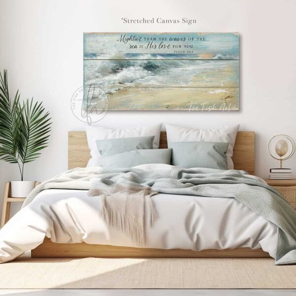 Toe Fish Art "Mightier than the waves of the sea is His love for you" Christian Faith vintage wall art painting designed in worn reclaimed beachy coastal style, depicting bible verse Psalm 93-4. Rustic Country meets Coastal Beach Cottage Farmhouse wall decor handcrafted in durable high-quality canvas or outdoor weatherproof solid aluminum metal, handmade in the USA from start to finish! Beautiful, stylish and timeless coastal wall decor painting. Handcrafted in the USA by ToeFishArt, and built to last a lifetime by the Toe Fish Art family artisans. This beautiful original landscape painting of deep blue-green crashing waves on a deserted beach with rays of sun shining through golden rimmed clouds adds unique eye-catching decor indoors or outdoors. Add instant outdoor curb appeal to your beach themed home or vacation house! Perfect for your porch, entryway, patio, lanai, deck, veranda, living room, fireplace hearth or mantel, wall hanging or shelf sitter, dining room or bedroom. This painting is a beautiful reminder of Christian faith and God's love. Original, custom, personalized wall decor signs. Canvas, Wood or Metal. Rustic modern farmhouse, cottagecore, vintage, retro, industrial, Americana, primitive, country, coastal, minimalist. Toe Fish Art is a USA small family woman owned business making beautiful decor since 1997.