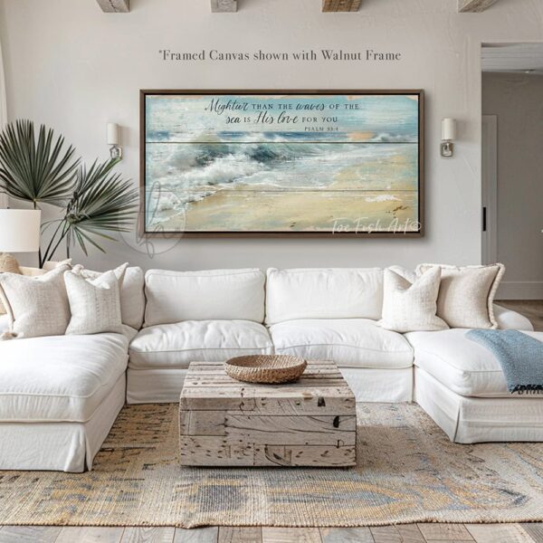 Toe Fish Art "Mightier than the waves of the sea is His love for you" Christian Faith vintage wall art painting designed in worn reclaimed beachy coastal style, depicting bible verse Psalm 93-4. Rustic Country meets Coastal Beach Cottage Farmhouse wall decor handcrafted in durable high-quality canvas or outdoor weatherproof solid aluminum metal, handmade in the USA from start to finish! Beautiful, stylish and timeless coastal wall decor painting. Handcrafted in the USA by ToeFishArt, and built to last a lifetime by the Toe Fish Art family artisans. This beautiful original landscape painting of deep blue-green crashing waves on a deserted beach with rays of sun shining through golden rimmed clouds adds unique eye-catching decor indoors or outdoors. Add instant outdoor curb appeal to your beach themed home or vacation house! Perfect for your porch, entryway, patio, lanai, deck, veranda, living room, fireplace hearth or mantel, wall hanging or shelf sitter, dining room or bedroom. This painting is a beautiful reminder of Christian faith and God's love. Original, custom, personalized wall decor signs. Canvas, Wood or Metal. Rustic modern farmhouse, cottagecore, vintage, retro, industrial, Americana, primitive, country, coastal, minimalist. Toe Fish Art is a USA small family woman owned business making beautiful decor since 1997.