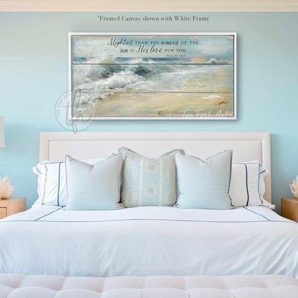 Toe Fish Art "Mightier than the waves of the sea is His love for you" Christian Faith vintage wall art painting designed in worn reclaimed beachy coastal style, depicting bible verse Psalm 93-4. Rustic Country meets Coastal Beach Cottage Farmhouse wall decor handcrafted in durable high-quality canvas or outdoor weatherproof solid aluminum metal, handmade in the USA from start to finish! Beautiful, stylish and timeless coastal wall decor painting. Handcrafted in the USA by ToeFishArt, and built to last a lifetime by the Toe Fish Art family artisans. This beautiful original landscape painting of deep blue-green crashing waves on a deserted beach with rays of sun shining through golden rimmed clouds adds unique eye-catching decor indoors or outdoors. Add instant outdoor curb appeal to your beach themed home or vacation house! Perfect for your porch, entryway, patio, lanai, deck, veranda, living room, fireplace hearth or mantel, wall hanging or shelf sitter, dining room or bedroom. This painting is a beautiful reminder of Christian faith and God's love. Original, custom, personalized wall decor signs. Canvas, Wood or Metal. Rustic modern farmhouse, cottagecore, vintage, retro, industrial, Americana, primitive, country, coastal, minimalist. Toe Fish Art is a USA small family woman owned business making beautiful decor since 1997.