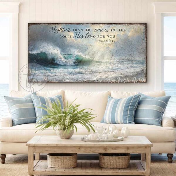 Toe Fish Art "Mightier than the waves of the sea is His love for you" Christian Faith vintage wall art painting depicting bible verse Psalm 93-4. Rustic Country meets Coastal Beach Cottage Farmhouse wall decor handcrafted in durable high-quality canvas or outdoor weatherproof solid aluminum metal, handmade in the USA from start to finish! Beautiful, stylish and timeless coastal wall decor painting. Handcrafted in the USA by ToeFishArt, and built to last a lifetime by the Toe Fish Art family artisans. This beautiful original landscape painting of deep blue-green crashing waves on a deserted beach with rays of sun shining through golden rimmed clouds adds unique eye-catching decor indoors or outdoors. Add instant outdoor curb appeal to your beach themed home or vacation house! Perfect for your porch, entryway, patio, lanai, deck, veranda, living room, fireplace hearth or mantel, wall hanging or shelf sitter, dining room or bedroom. This painting is a beautiful reminder of Christian faith and God's love. Original, custom, personalized wall decor signs. Canvas, Wood or Metal. Rustic modern farmhouse, cottagecore, vintage, retro, industrial, Americana, primitive, country, coastal, minimalist. Toe Fish Art is a USA small family woman owned business making beautiful decor since 1997.