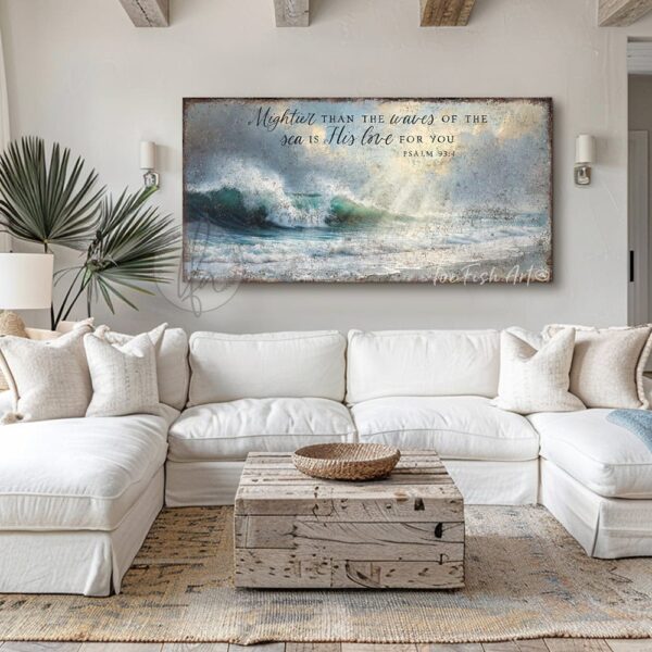 Toe Fish Art "Mightier than the waves of the sea is His love for you" Christian Faith vintage wall art painting depicting bible verse Psalm 93-4. Rustic Country meets Coastal Beach Cottage Farmhouse wall decor handcrafted in durable high-quality canvas or outdoor weatherproof solid aluminum metal, handmade in the USA from start to finish! Beautiful, stylish and timeless coastal wall decor painting. Handcrafted in the USA by ToeFishArt, and built to last a lifetime by the Toe Fish Art family artisans. This beautiful original landscape painting of deep blue-green crashing waves on a deserted beach with rays of sun shining through golden rimmed clouds adds unique eye-catching decor indoors or outdoors. Add instant outdoor curb appeal to your beach themed home or vacation house! Perfect for your porch, entryway, patio, lanai, deck, veranda, living room, fireplace hearth or mantel, wall hanging or shelf sitter, dining room or bedroom. This painting is a beautiful reminder of Christian faith and God's love. Original, custom, personalized wall decor signs. Canvas, Wood or Metal. Rustic modern farmhouse, cottagecore, vintage, retro, industrial, Americana, primitive, country, coastal, minimalist. Toe Fish Art is a USA small family woman owned business making beautiful decor since 1997.