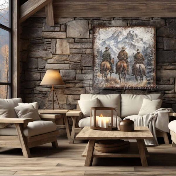 Toe Fish Art Vintage Cowboys on Horseback Rustic Western Montana Mountain Range Yellowstone Ranch Wall Art Painting. Nostalgic Wild West Winter Seasonal Wall Decor. Primitive Cottage Country artwork handcrafted in durable high-quality framed canvas or outdoor weatherproof solid aluminum metal, handmade in the USA from start to finish! Beautiful, nostalgic and timeless seasonal winter wall decor. Handcrafted in the USA by ToeFishArt, and built to last a lifetime by the Toe Fish Art family artisans. This beautiful original timeless painting of snow capped mountain peaks with cowboys on horseback riding the range adds unique eye-catching decor indoors or outdoors. Welcome entryway porch or living room fireplace hearth or fireplace mantel wall hanging or shelf sitter. Original, custom, personalized wall decor signs and artwork. Framed Canvas, Wood or Metal. Rustic modern farmhouse, cottagecore, vintage, retro, industrial, Americana, primitive, country, coastal, minimalist. Toe Fish Art is a USA small family woman owned business making beautiful decor since 1997.