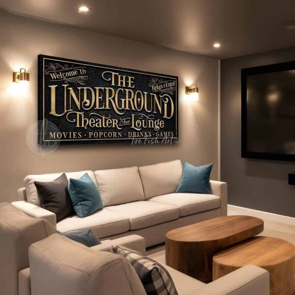 Toe Fish Art's custom Underground Theater & Lounge Canvas or Outdoor Metal Personalized Bar and Game Room Sign handcrafted to-order in the USA and customized for you in Framed Canvas or Outdoor Waterproof Metal. Personalized gift decor with your last name, personal names, favorite saying or welcome phrase. Swanky and stylish vibrant colors to enhance your bar & lounge, game room pub, outdoor bar & grill decor - Vintage Slate Black with Rustic Gold Lettering. Custom options available upon request. This is the perfect piece for your basement bar, garage bar, pub bar area, lower deck or any outdoor hangout space! This special sign is great for gifting to anyone who enjoys entertaining! This decor is perfect for your deck, basement, lower level, garage, outdoor kitchen & bar area, game room, bar & lounge or favorite entertaining space inside or outside! Handmade to-order in the USA by American small family woman-owned company ToeFishArt, doing business since 1997. Personalized Canvas or Outdoor Exterior Commercial-Grade Metal Sign handmade in the USA and built to last a lifetime by Toe Fish Art. Add your personal name, established date, or catch phrase to this beautiful artwork for unique, eye-catching appeal indoors or for your outdoor party space. Color options available too! Thousands of five star reviews! Featured in Better Homes & Gardens, Cottages & Bungalows, and Farmhouse Style magazines. We make original, custom, personalized wall decor signs and wall art. Handcrafted in your choice of canvas, framed canvas, shiplap hardwood or outdoor metal. Choose from rustic, modern cottage farmhouse, cottagecore, vintage, retro, industrial, Americana, primitive, country, coastal and minimalist contemporary styles. Toe Fish Art is a USA small family woman owned business making beautiful decor since 1997.