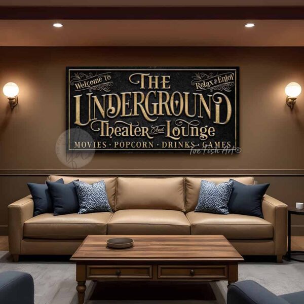 Toe Fish Art's custom Underground Theater & Lounge Canvas or Outdoor Metal Personalized Bar and Game Room Sign handcrafted to-order in the USA and customized for you in Framed Canvas or Outdoor Waterproof Metal. Personalized gift decor with your last name, personal names, favorite saying or welcome phrase. Swanky and stylish vibrant colors to enhance your bar & lounge, game room pub, outdoor bar & grill decor - Vintage Slate Black with Rustic Gold Lettering. Custom options available upon request. This is the perfect piece for your basement bar, garage bar, pub bar area, lower deck or any outdoor hangout space! This special sign is great for gifting to anyone who enjoys entertaining! This decor is perfect for your deck, basement, lower level, garage, outdoor kitchen & bar area, game room, bar & lounge or favorite entertaining space inside or outside! Handmade to-order in the USA by American small family woman-owned company ToeFishArt, doing business since 1997. Personalized Canvas or Outdoor Exterior Commercial-Grade Metal Sign handmade in the USA and built to last a lifetime by Toe Fish Art. Add your personal name, established date, or catch phrase to this beautiful artwork for unique, eye-catching appeal indoors or for your outdoor party space. Color options available too! Thousands of five star reviews! Featured in Better Homes & Gardens, Cottages & Bungalows, and Farmhouse Style magazines. We make original, custom, personalized wall decor signs and wall art. Handcrafted in your choice of canvas, framed canvas, shiplap hardwood or outdoor metal. Choose from rustic, modern cottage farmhouse, cottagecore, vintage, retro, industrial, Americana, primitive, country, coastal and minimalist contemporary styles. Toe Fish Art is a USA small family woman owned business making beautiful decor since 1997.