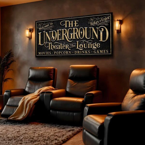 Toe Fish Art's custom Underground Theater & Lounge Canvas or Outdoor Metal Personalized Bar and Game Room Sign handcrafted to-order in the USA and customized for you in Framed Canvas or Outdoor Waterproof Metal. Personalized gift decor with your last name, personal names, favorite saying or welcome phrase. Swanky and stylish vibrant colors to enhance your bar & lounge, game room pub, outdoor bar & grill decor - Vintage Slate Black with Rustic Gold Lettering. Custom options available upon request. This is the perfect piece for your basement bar, garage bar, pub bar area, lower deck or any outdoor hangout space! This special sign is great for gifting to anyone who enjoys entertaining! This decor is perfect for your deck, basement, lower level, garage, outdoor kitchen & bar area, game room, bar & lounge or favorite entertaining space inside or outside! Handmade to-order in the USA by American small family woman-owned company ToeFishArt, doing business since 1997. Personalized Canvas or Outdoor Exterior Commercial-Grade Metal Sign handmade in the USA and built to last a lifetime by Toe Fish Art. Add your personal name, established date, or catch phrase to this beautiful artwork for unique, eye-catching appeal indoors or for your outdoor party space. Color options available too! Thousands of five star reviews! Featured in Better Homes & Gardens, Cottages & Bungalows, and Farmhouse Style magazines. We make original, custom, personalized wall decor signs and wall art. Handcrafted in your choice of canvas, framed canvas, shiplap hardwood or outdoor metal. Choose from rustic, modern cottage farmhouse, cottagecore, vintage, retro, industrial, Americana, primitive, country, coastal and minimalist contemporary styles. Toe Fish Art is a USA small family woman owned business making beautiful decor since 1997.