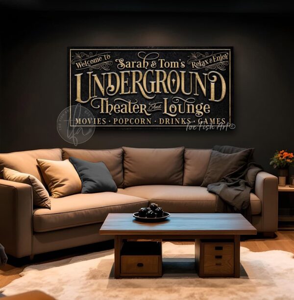 Toe Fish Art's custom Underground Theater & Lounge Canvas or Outdoor Metal Personalized Bar and Game Room Sign handcrafted to-order in the USA and customized for you in Framed Canvas or Outdoor Waterproof Metal. Personalized gift decor with your last name, personal names, favorite saying or welcome phrase. Swanky and stylish vibrant colors to enhance your bar & lounge, game room pub, outdoor bar & grill decor - Vintage Slate Black with Rustic Gold Lettering. Custom options available upon request. This is the perfect piece for your basement bar, garage bar, pub bar area, lower deck or any outdoor hangout space! This special sign is great for gifting to anyone who enjoys entertaining! This decor is perfect for your deck, basement, lower level, garage, outdoor kitchen & bar area, game room, bar & lounge or favorite entertaining space inside or outside! Handmade to-order in the USA by American small family woman-owned company ToeFishArt, doing business since 1997. Personalized Canvas or Outdoor Exterior Commercial-Grade Metal Sign handmade in the USA and built to last a lifetime by Toe Fish Art. Add your personal name, established date, or catch phrase to this beautiful artwork for unique, eye-catching appeal indoors or for your outdoor party space. Color options available too! Thousands of five star reviews! Featured in Better Homes & Gardens, Cottages & Bungalows, and Farmhouse Style magazines. We make original, custom, personalized wall decor signs and wall art. Handcrafted in your choice of canvas, framed canvas, shiplap hardwood or outdoor metal. Choose from rustic, modern cottage farmhouse, cottagecore, vintage, retro, industrial, Americana, primitive, country, coastal and minimalist contemporary styles. Toe Fish Art is a USA small family woman owned business making beautiful decor since 1997.