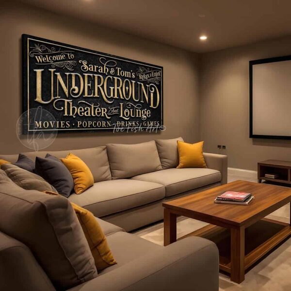 Toe Fish Art's custom Underground Theater & Lounge Canvas or Outdoor Metal Personalized Bar and Game Room Sign handcrafted to-order in the USA and customized for you in Framed Canvas or Outdoor Waterproof Metal. Personalized gift decor with your last name, personal names, favorite saying or welcome phrase. Swanky and stylish vibrant colors to enhance your bar & lounge, game room pub, outdoor bar & grill decor - Vintage Slate Black with Rustic Gold Lettering. Custom options available upon request. This is the perfect piece for your basement bar, garage bar, pub bar area, lower deck or any outdoor hangout space! This special sign is great for gifting to anyone who enjoys entertaining! This decor is perfect for your deck, basement, lower level, garage, outdoor kitchen & bar area, game room, bar & lounge or favorite entertaining space inside or outside! Handmade to-order in the USA by American small family woman-owned company ToeFishArt, doing business since 1997. Personalized Canvas or Outdoor Exterior Commercial-Grade Metal Sign handmade in the USA and built to last a lifetime by Toe Fish Art. Add your personal name, established date, or catch phrase to this beautiful artwork for unique, eye-catching appeal indoors or for your outdoor party space. Color options available too! Thousands of five star reviews! Featured in Better Homes & Gardens, Cottages & Bungalows, and Farmhouse Style magazines. We make original, custom, personalized wall decor signs and wall art. Handcrafted in your choice of canvas, framed canvas, shiplap hardwood or outdoor metal. Choose from rustic, modern cottage farmhouse, cottagecore, vintage, retro, industrial, Americana, primitive, country, coastal and minimalist contemporary styles. Toe Fish Art is a USA small family woman owned business making beautiful decor since 1997.