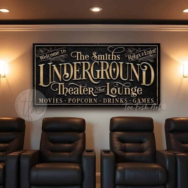 Toe Fish Art's custom Underground Theater & Lounge Canvas or Outdoor Metal Personalized Bar and Game Room Sign handcrafted to-order in the USA and customized for you in Framed Canvas or Outdoor Waterproof Metal. Personalized gift decor with your last name, personal names, favorite saying or welcome phrase. Swanky and stylish vibrant colors to enhance your bar & lounge, game room pub, outdoor bar & grill decor - Vintage Slate Black with Rustic Gold Lettering. Custom options available upon request. This is the perfect piece for your basement bar, garage bar, pub bar area, lower deck or any outdoor hangout space! This special sign is great for gifting to anyone who enjoys entertaining! This decor is perfect for your deck, basement, lower level, garage, outdoor kitchen & bar area, game room, bar & lounge or favorite entertaining space inside or outside! Handmade to-order in the USA by American small family woman-owned company ToeFishArt, doing business since 1997. Personalized Canvas or Outdoor Exterior Commercial-Grade Metal Sign handmade in the USA and built to last a lifetime by Toe Fish Art. Add your personal name, established date, or catch phrase to this beautiful artwork for unique, eye-catching appeal indoors or for your outdoor party space. Color options available too! Thousands of five star reviews! Featured in Better Homes & Gardens, Cottages & Bungalows, and Farmhouse Style magazines. We make original, custom, personalized wall decor signs and wall art. Handcrafted in your choice of canvas, framed canvas, shiplap hardwood or outdoor metal. Choose from rustic, modern cottage farmhouse, cottagecore, vintage, retro, industrial, Americana, primitive, country, coastal and minimalist contemporary styles. Toe Fish Art is a USA small family woman owned business making beautiful decor since 1997.