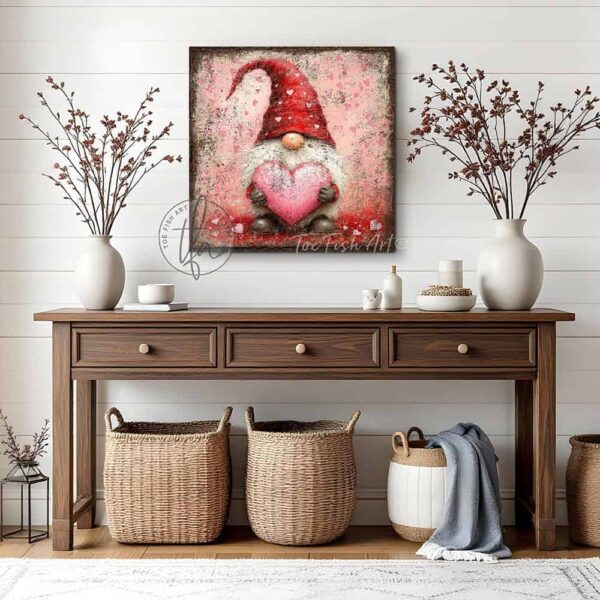 Toe Fish Art's charming vintage cottage-style wall art featuring a rustic gnome, perfect for Valentine's Day. This square-shaped decoration showcases a delightful gnome with a red hat and white beard, holding a pink heart, all set against a worn rustic background in a lovely red and pink color palette. Handcrafted in the USA, this durable artwork is available in high-quality framed canvas or weatherproof solid aluminum metal, ensuring it lasts a lifetime. Ideal for enhancing your porch, entryway, living room, or romantic bedroom setting, this unique piece adds seasonal charm and eye-catching appeal to any indoor or outdoor space. Original, custom, personalized wall decor signs. Canvas, Wood or Metal. Rustic modern farmhouse, cottagecore, vintage, retro, industrial, Americana, primitive, country, coastal, minimalist. Toe Fish Art is a USA small family woman owned business making beautiful decor since 1997.