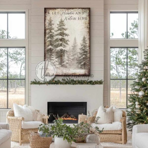 Toe Fish Art Vintage Christmas Religious Christian Scripture Hymn Let Heaven and Nature Sign vertical sign in numerous different sizes with snowy country forest painting design. Rustic Primitive Country Cottage Christmas wall art handcrafted in durable high-quality framed canvas or outdoor weatherproof solid aluminum metal, handmade in the USA from start to finish! Beautiful, stylish and timeless seasonal winter wall decor. Handcrafted in the USA by ToeFishArt, and built to last a lifetime by the Toe Fish Art family artisans. This beautiful original serene winter landscape scene adds unique eye-catching decor indoors or outdoors. Add instant outdoor holiday curb appeal! Christmas welcome entryway porch or living room fireplace hearth or mantel wall hanging or shelf sitter. Original, custom, personalized wall decor signs. Canvas, Wood or Metal. Rustic modern farmhouse, cottagecore, vintage, retro, industrial, Americana, primitive, country, coastal, minimalist. Toe Fish Art is a USA small family woman owned business making beautiful decor since 1997.