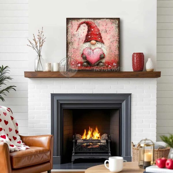 Toe Fish Art's charming vintage cottage-style wall art featuring a rustic gnome, perfect for Valentine's Day. This square-shaped decoration showcases a delightful gnome with a red hat and white beard, holding a pink heart, all set against a worn rustic background in a lovely red and pink color palette. Handcrafted in the USA, this durable artwork is available in high-quality framed canvas or weatherproof solid aluminum metal, ensuring it lasts a lifetime. Ideal for enhancing your porch, entryway, living room, or romantic bedroom setting, this unique piece adds seasonal charm and eye-catching appeal to any indoor or outdoor space. Original, custom, personalized wall decor signs. Canvas, Wood or Metal. Rustic modern farmhouse, cottagecore, vintage, retro, industrial, Americana, primitive, country, coastal, minimalist. Toe Fish Art is a USA small family woman owned business making beautiful decor since 1997.