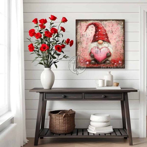 Toe Fish Art's charming vintage cottage-style wall art featuring a rustic gnome, perfect for Valentine's Day. This square-shaped decoration showcases a delightful gnome with a red hat and white beard, holding a pink heart, all set against a worn rustic background in a lovely red and pink color palette. Handcrafted in the USA, this durable artwork is available in high-quality framed canvas or weatherproof solid aluminum metal, ensuring it lasts a lifetime. Ideal for enhancing your porch, entryway, living room, or romantic bedroom setting, this unique piece adds seasonal charm and eye-catching appeal to any indoor or outdoor space. Original, custom, personalized wall decor signs. Canvas, Wood or Metal. Rustic modern farmhouse, cottagecore, vintage, retro, industrial, Americana, primitive, country, coastal, minimalist. Toe Fish Art is a USA small family woman owned business making beautiful decor since 1997.