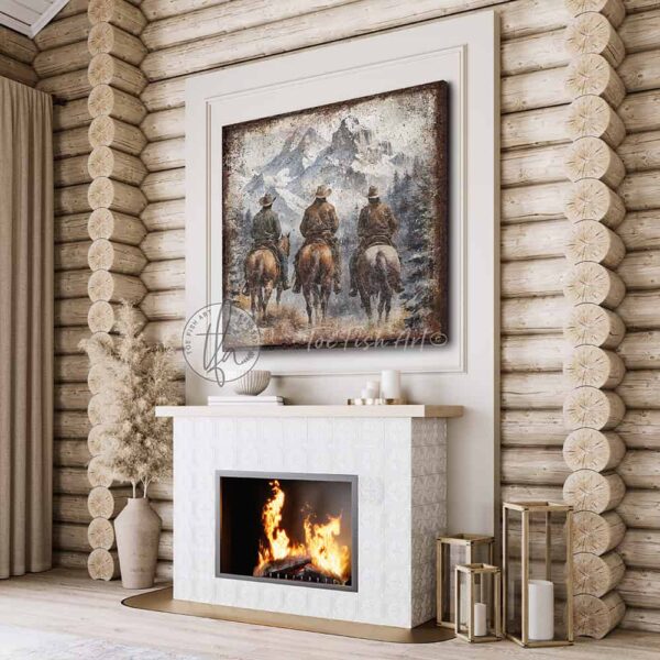 Toe Fish Art Vintage Cowboys on Horseback Rustic Western Montana Mountain Range Yellowstone Ranch Wall Art Painting. Nostalgic Wild West Winter Seasonal Wall Decor. Primitive Cottage Country artwork handcrafted in durable high-quality framed canvas or outdoor weatherproof solid aluminum metal, handmade in the USA from start to finish! Beautiful, nostalgic and timeless seasonal winter wall decor. Handcrafted in the USA by ToeFishArt, and built to last a lifetime by the Toe Fish Art family artisans. This beautiful original timeless painting of snow capped mountain peaks with cowboys on horseback riding the range adds unique eye-catching decor indoors or outdoors. Welcome entryway porch or living room fireplace hearth or fireplace mantel wall hanging or shelf sitter. Original, custom, personalized wall decor signs and artwork. Framed Canvas, Wood or Metal. Rustic modern farmhouse, cottagecore, vintage, retro, industrial, Americana, primitive, country, coastal, minimalist. Toe Fish Art is a USA small family woman owned business making beautiful decor since 1997.