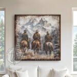 Toe Fish Art Vintage Cowboys on Horseback Rustic Western Montana Mountain Range Yellowstone Ranch Wall Art Painting. Nostalgic Wild West Winter Seasonal Wall Decor. Primitive Cottage Country artwork handcrafted in durable high-quality framed canvas or outdoor weatherproof solid aluminum metal, handmade in the USA from start to finish! Beautiful, nostalgic and timeless seasonal winter wall decor. Handcrafted in the USA by ToeFishArt, and built to last a lifetime by the Toe Fish Art family artisans. This beautiful original timeless painting of snow capped mountain peaks with cowboys on horseback riding the range adds unique eye-catching decor indoors or outdoors. Welcome entryway porch or living room fireplace hearth or fireplace mantel wall hanging or shelf sitter. Original, custom, personalized wall decor signs and artwork. Framed Canvas, Wood or Metal. Rustic modern farmhouse, cottagecore, vintage, retro, industrial, Americana, primitive, country, coastal, minimalist. Toe Fish Art is a USA small family woman owned business making beautiful decor since 1997.